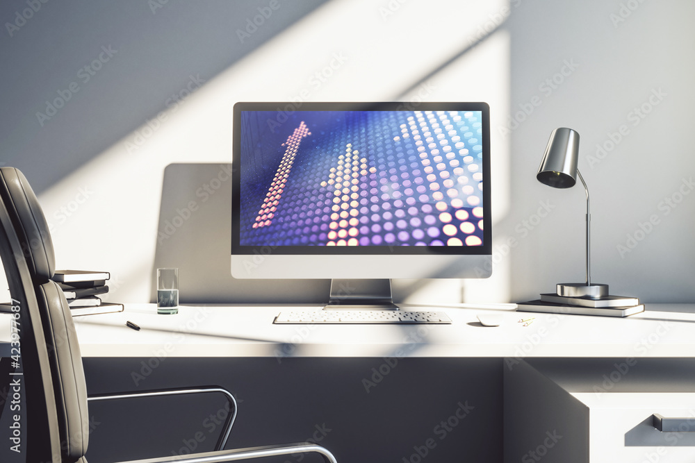 Creative concept of upward arrows illustration on modern laptop screen. Breakthrough and progress concept. 3D Rendering Creative concept of upward arrows illustration on modern laptop screen. Breakthrough and progress concept. 3D Rendering