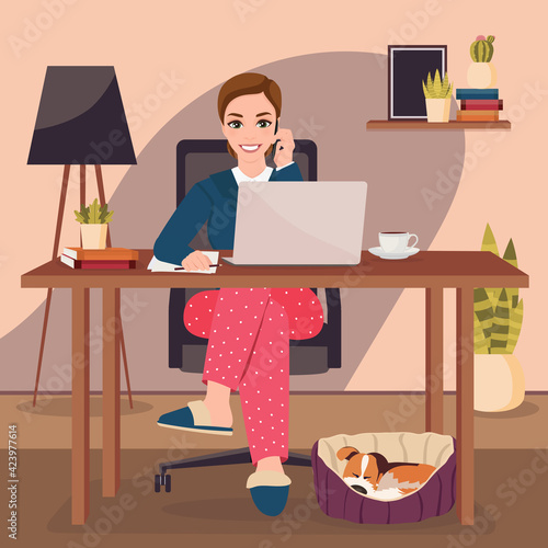 Young woman freelancers working on laptop at home. Vector illustration.