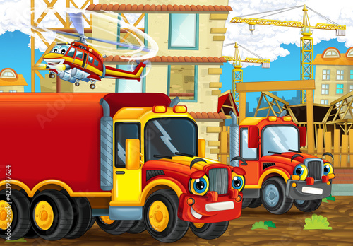 Fototapeta Naklejka Na Ścianę i Meble -  cartoon scene construction site cars vehicles helicopter