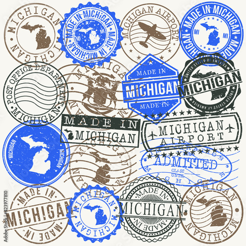 Michigan, USA Set of Stamps. Travel Passport Stamps. Made In Product. Design Seals in Old Style Insignia. Icon Clip Art Vector Collection.