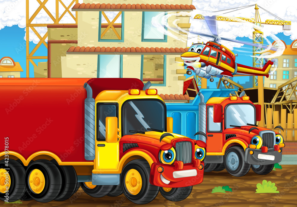 Fototapeta premium cartoon scene construction site cars vehicles helicopter