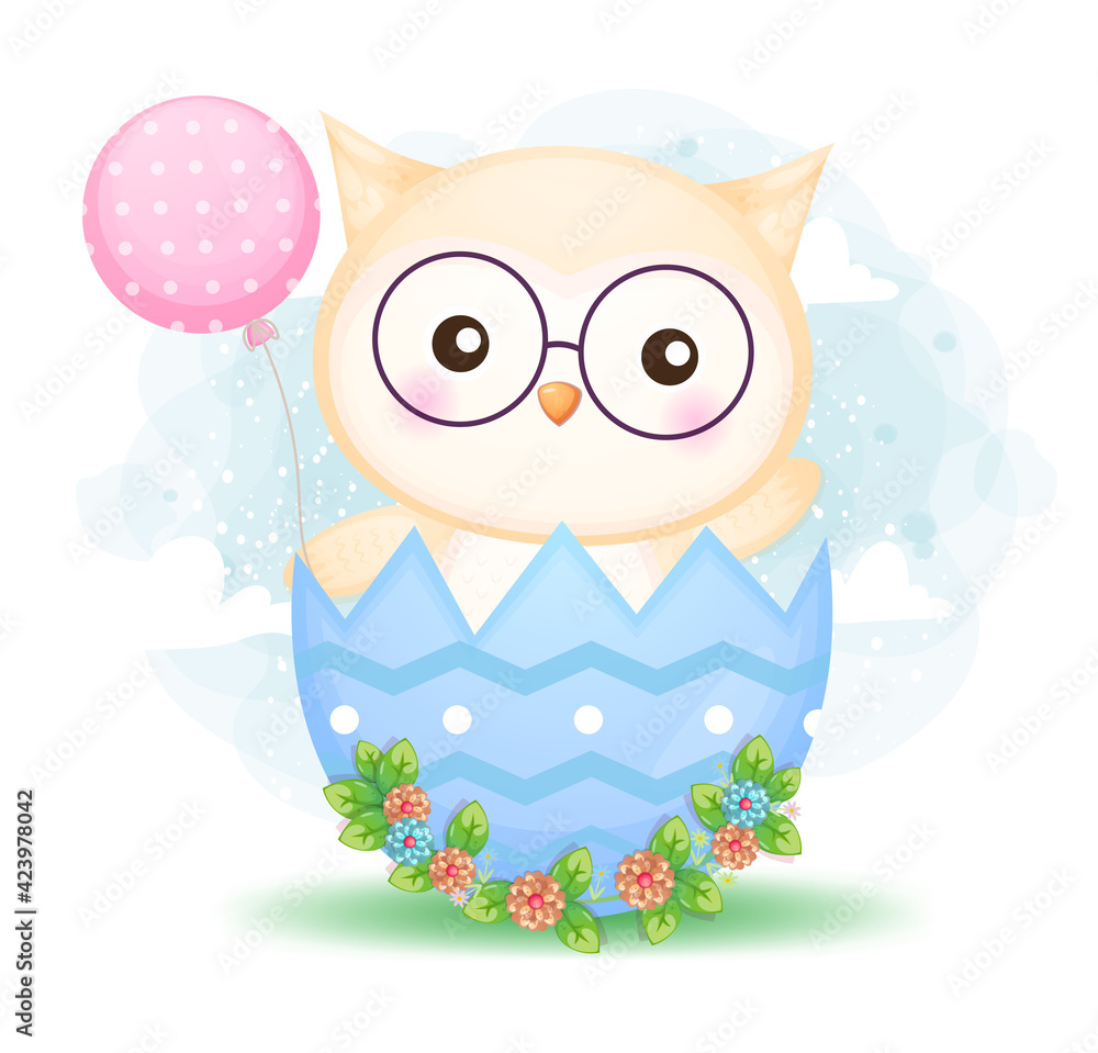 Fototapeta premium Cute doodle baby owl holding balloon in decorative easter egg cartoon character Premium Vector