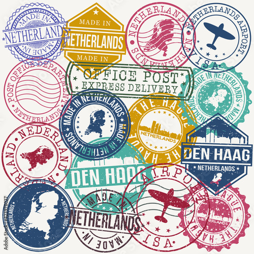 The Hague Belgium Set of Stamps. Travel Stamp. Made In Product. Design Seals Old Style Insignia.