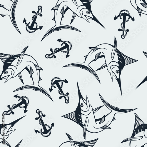 Seamless pattern with Marlin fish. Vector illustration.