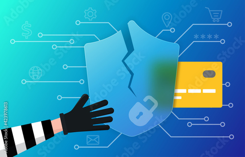 Scammer is stealing personal details to use credit card or open a bank account. Vector illustration