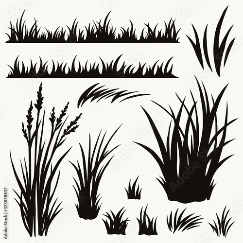 Grass and plants black silhouettes set