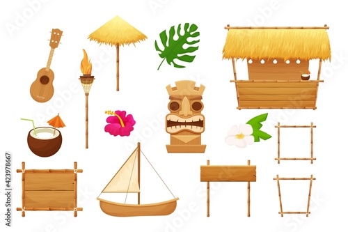 Hawaiian set holiday traditional elements in cartoon style isolated in white background. Beach bar with straw, umbrella, wooden frames and decorations, ukulele, bamboo torch, tiki mask and hibiscus.