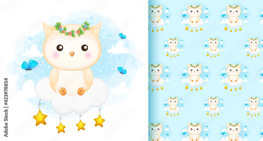 Cute doodle owl poster and seamless pattern cartoon character Premium Vector Cute doodle owl poster and seamless pattern cartoon character Premium Vector