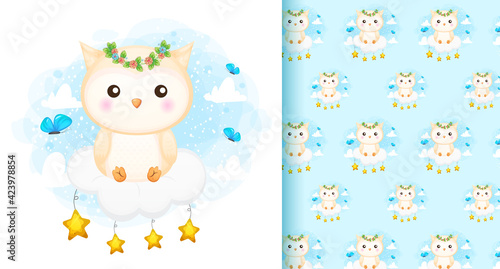 Cute doodle owl poster and seamless pattern cartoon character Premium Vector