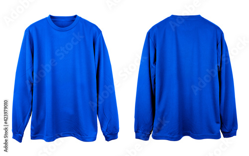 Blank Jersey long sleeve T Shirt color blue template front and back view on white background
 photo