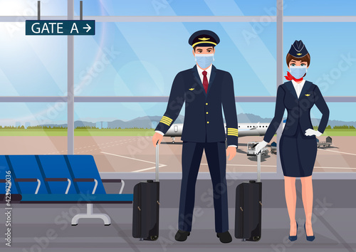 Airline crew, stewardess and pilot in protective face masks. Officer and flight attendant. Professions stewardess and pilot. Vector illustration