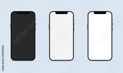 Realistic smartphone screen mockup set. Phone frame with blank display templates. Mobile device concept. Vector EPS 10. Isolated on white background