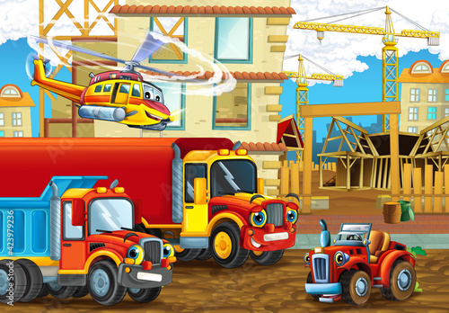 cartoon scene construction site cars vehicles helicopter