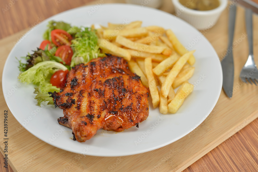 delicious plate of western food chicken chop with fries and salad delicious plate of western food chicken chop with fries and salad