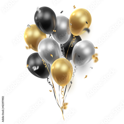 Bouquet, bunch of realistic transparent, golden, silver, black  ballons, ribbons, serpentine, confetti. Vector illustration. 