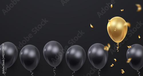 Banner with realistic black, gold ballons and ribbons, serpentine. Vector illustration for card, party, design, flyer, poster, decor, banner, web, advertising. 