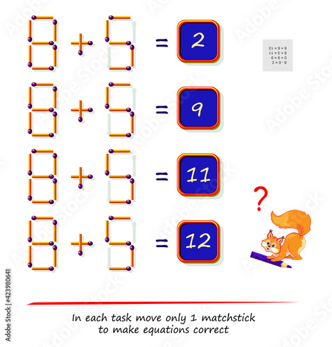 Logic puzzle game with matches. In each task move only 1 matchstick to make equations correct. Math tasks on addition and subtraction. Brain teaser book. Play online. Memory training for seniors.