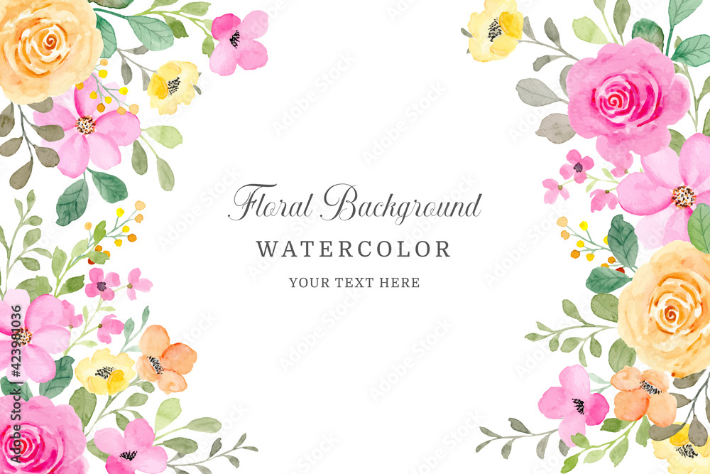 Pink and yellow floral frame background with watercolor