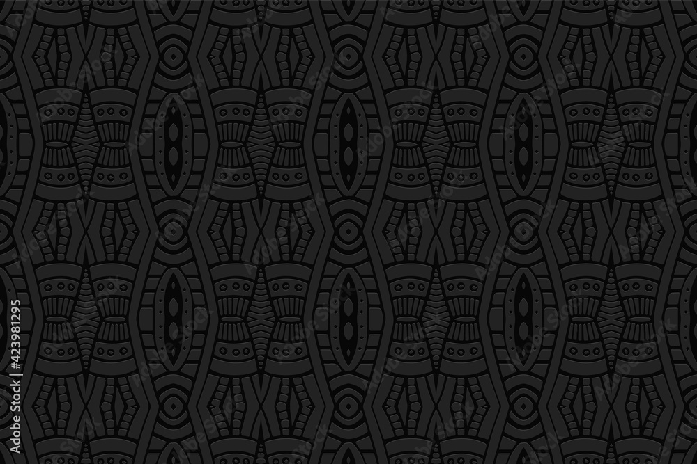 Geometric volumetric convex black background. Ethnic stylish African, Mexican, Native American style. 3D texture from embossed exotic ornament for wallpaper design, presentations, stained glass, texti
