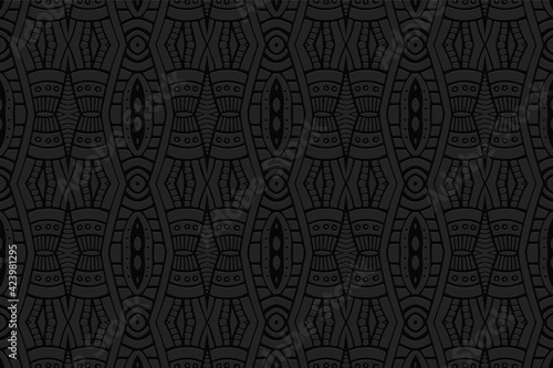 Geometric volumetric convex black background. Ethnic stylish African, Mexican, Native American style. 3D texture from embossed exotic ornament for wallpaper design, presentations, stained glass, texti