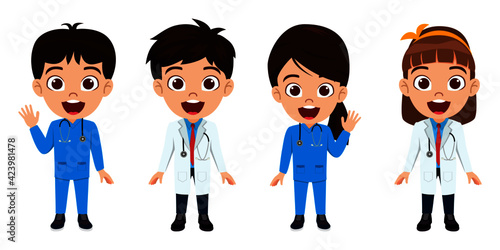 Happy cute smart kid boy and girl character wearing doctor and nurse outfit with cheerful expression and posing