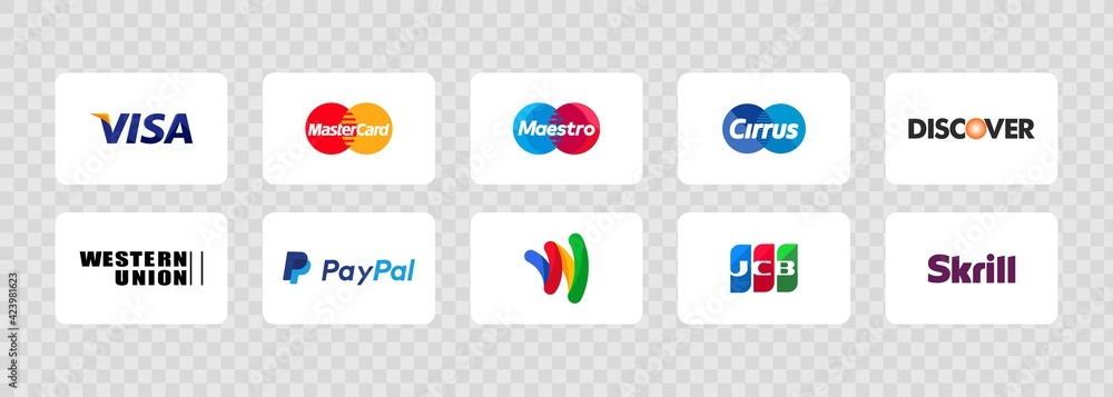 Payment system logos: Maestro, PayPal, JCB, Apple Pay, Google Pay,  Mastercard, Visa, Amazon, Skrill, Western Union, Google Wallet, Cirrus.  Vector EPS 10. Kiev, Ukraine - March 30, 2021 Stock Vector | Adobe Stock