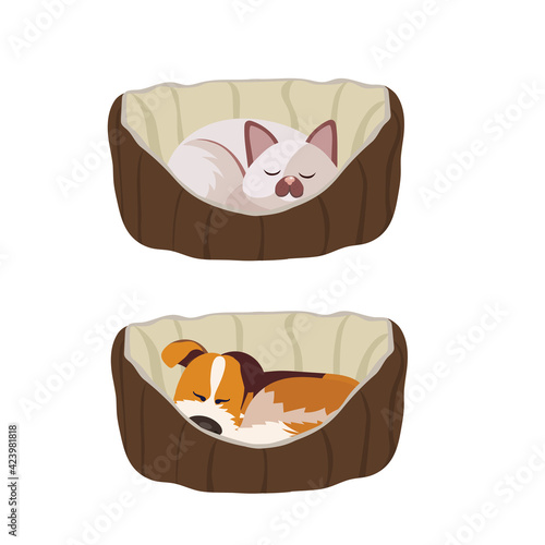 Cat sleeping in a basket. Dog sleeping in a basket. Home pets. Vector illustration.