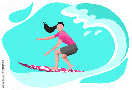 woman surfing in sea, ocean.
Person wearing a swimsuit and holding a surfboard
Summer sport, beach activity. 100% EPS vector