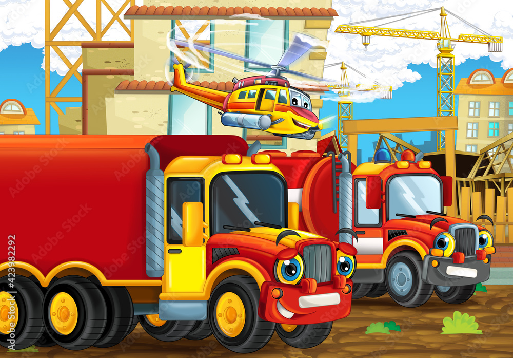 cartoon scene construction site cars vehicles helicopter