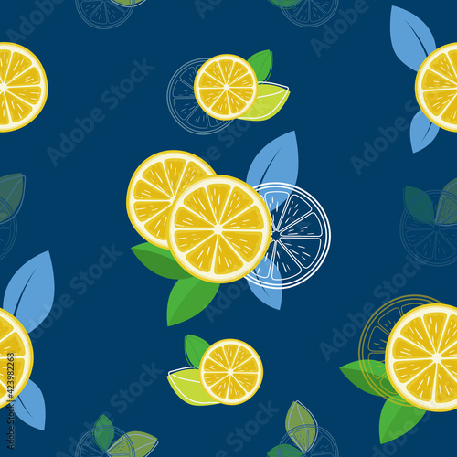 Lime slices fresh fruits cut in half  seamless pattern on blue background. Vector editable file.