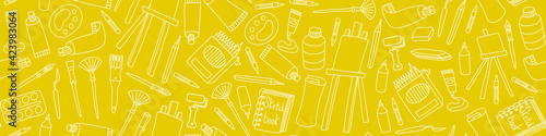 Art supplies seamless pattern. Hand drawn tools for painters on yellow background. Vector illustration.