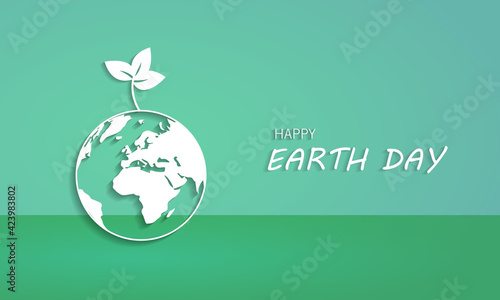 Happy earth day. Paper cut planet on green background, vector