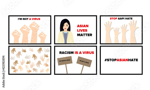 MobileSet of Posters Calling to Stop Asian Hatred. Anti-racism banner in support of the Asian community. Stop hating AAPI.