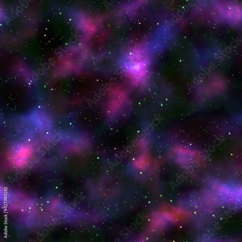 Deep space background. Stars, dust and gas. Seamless texture. Infinity universe. Glowing nebula.