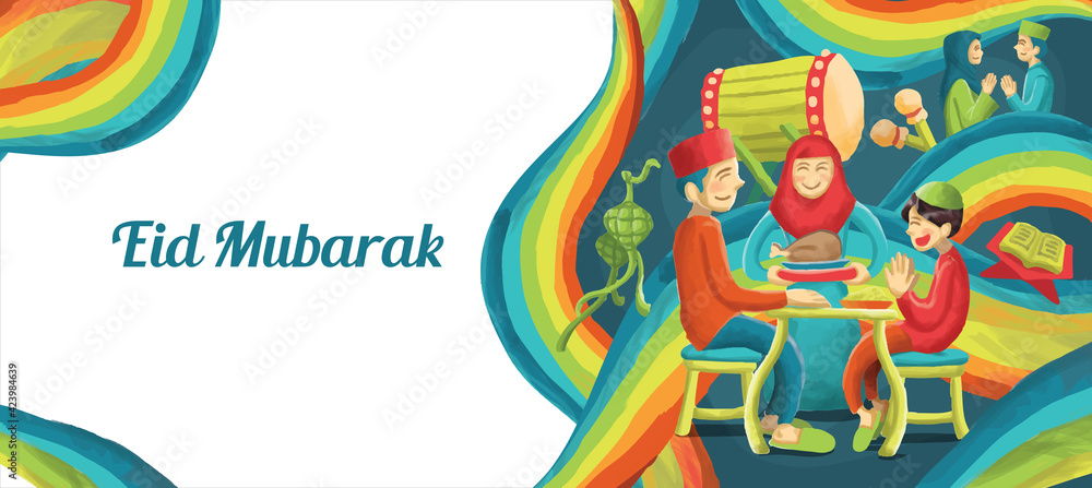 Eid Mubarak Islamic Holyday Colorful Hand Drawn Illustration Eid Mubarak Islamic Holyday Colorful Hand Drawn Illustration