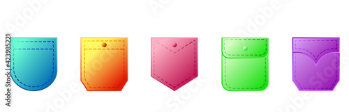 Pocket patches. Neon gradient pockets shapes for clothes bag vector pictures collection