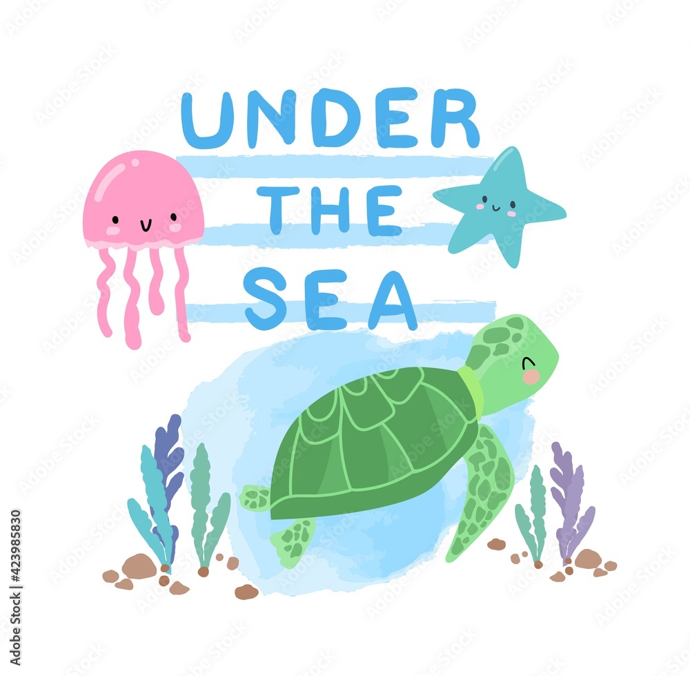 Sea turtle illustration sea summer kids aquatic print tropical vector Sea turtle illustration sea summer kids aquatic print tropical vector