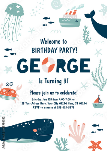 Ocean birthday party invitation. Under The Sea Invitation. Vector