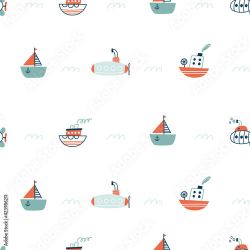 Seamless pattern with ships, submarines, sailboat, yacht. Sea transport. Cute cartoon marine pattern for textile, fabric. Childish print. Vector