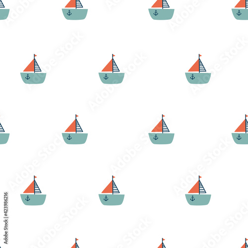 Seamless pattern with ships. Sea transport. Cute cartoon marine pattern for textile, fabric. Childish print. Vector