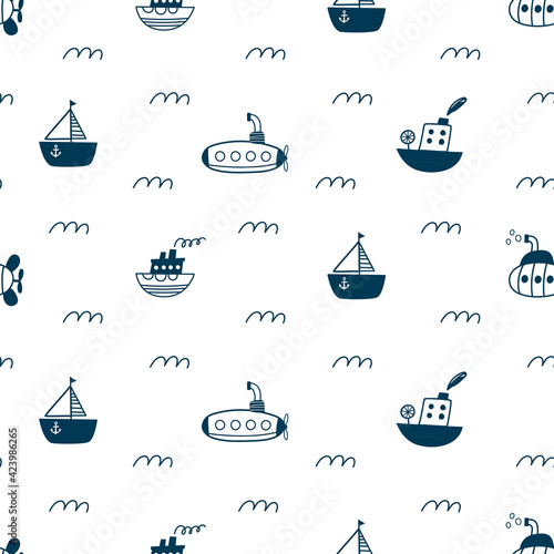 Seamless pattern with ships, submarines, sailboat, yacht. Sea transport. Cute cartoon marine pattern for textile, fabric. Childish print. Vector illustrations