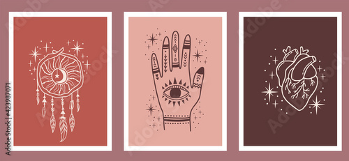 Feminine hand with different symbol like space star with mystic and occult symbols. esoteric boho style for social