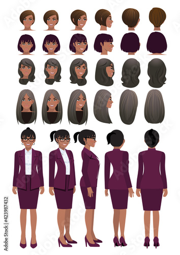 African American business woman cartoon character in grape purple color suit and different hairstyle for animation design vector collection