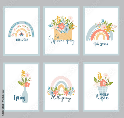 Scandinavian spring set card with spring flowers, flowering branches, birds and butterflies.