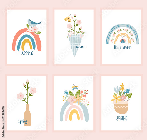 Scandinavian spring set card with spring flowers, flowering branches, birds and butterflies.