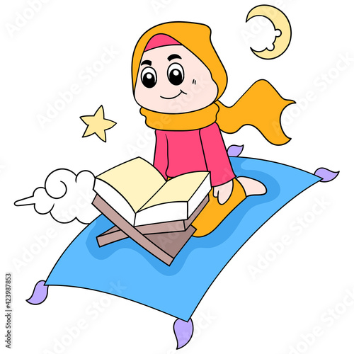 a Muslim woman who wears a hijab reading the holy book flying with a magic prayer mat. doodle icon image kawaii