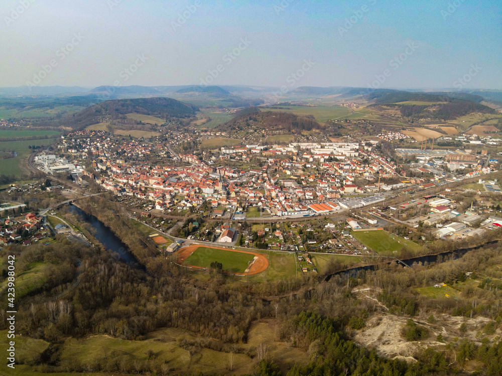 defauAerial view of the city Kahla in east Germany on a sunny day in late winter.lt