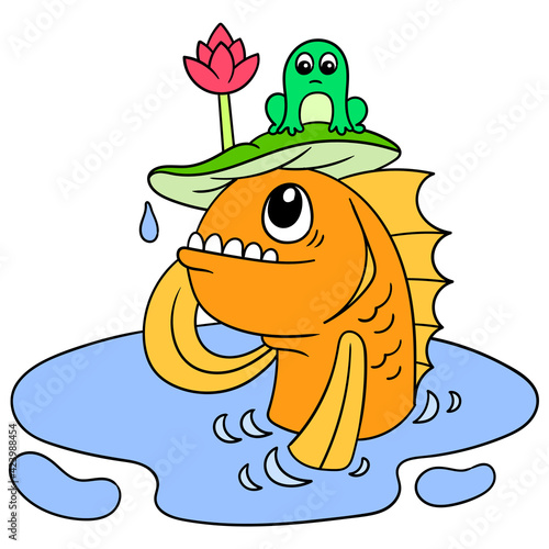 goldfish soaking in the water playing with the frogs. doodle icon image kawaii