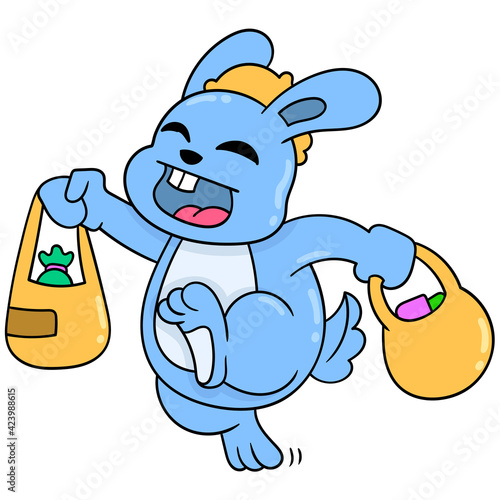 rabbits walked happily with groceries. doodle icon image kawaii