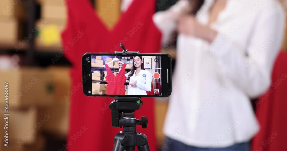 Beautiful woman selling clothes at home via the Internet.